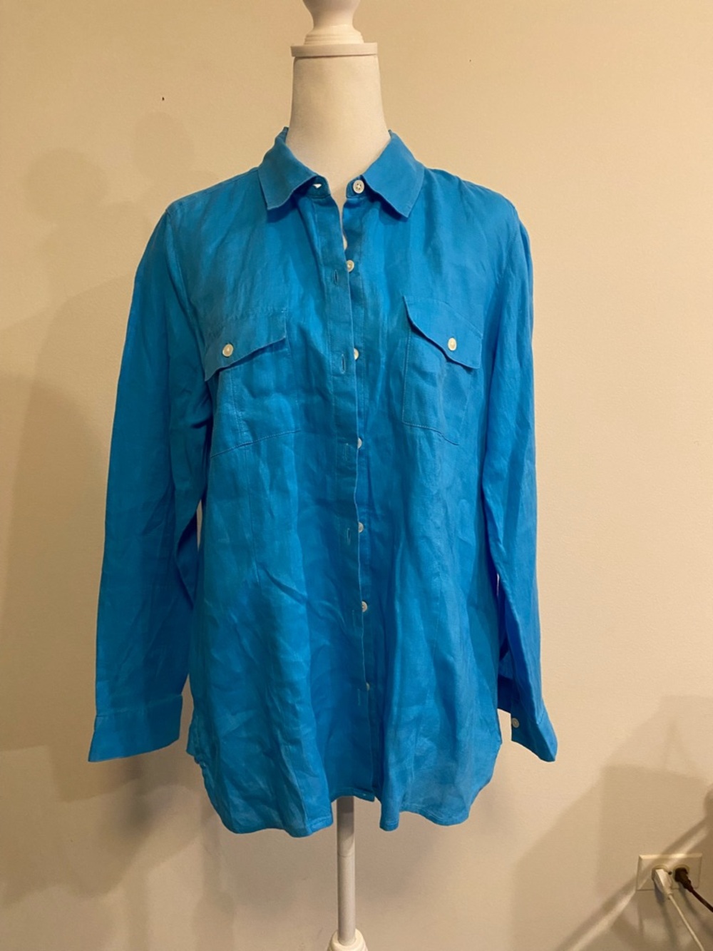 J Jill Bright Turquoise Button-Up Linen Shirt size Medium